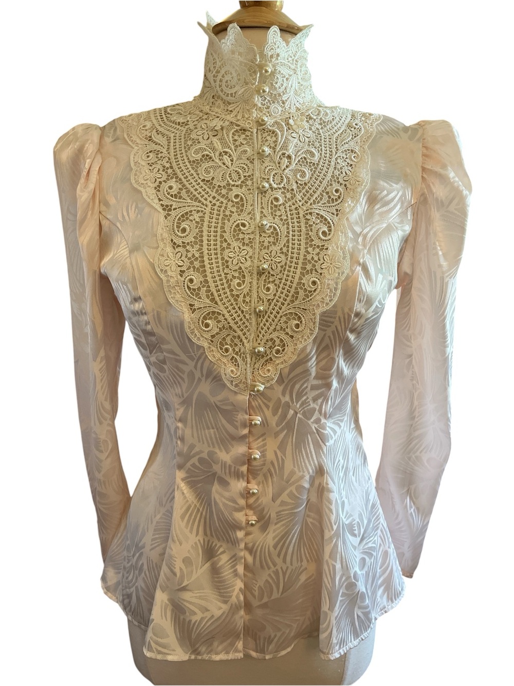 Vintage Miss Ashlee Pink & Cream Lace High-Neck Victorian-Inspired Blouse Size 6